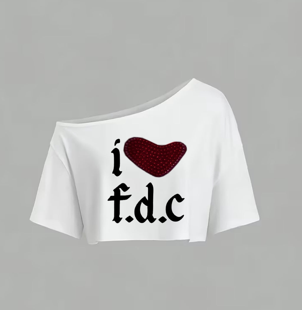I Heart FDC rhinestone off-shoulder top