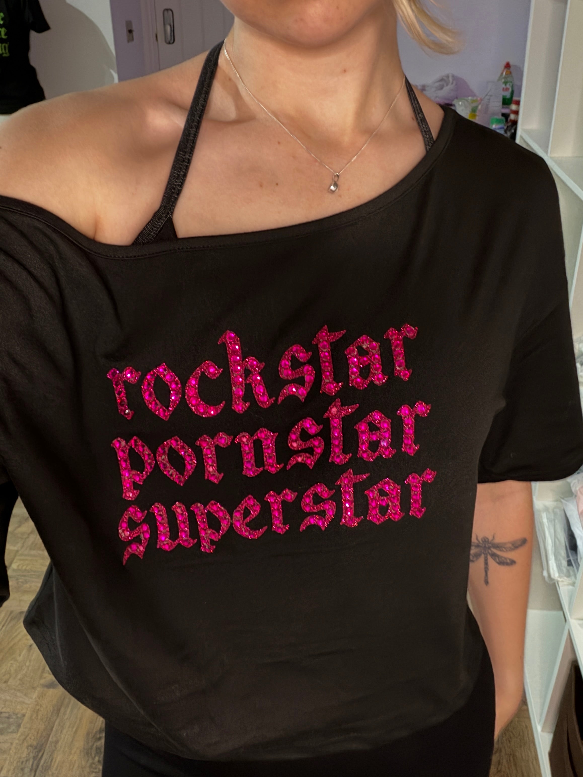 Fontaines DC rhinestone off-shoulder top