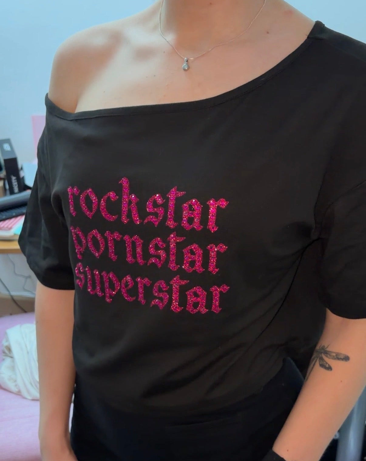 Fontaines DC Rhinestone Off-Shoulder Top