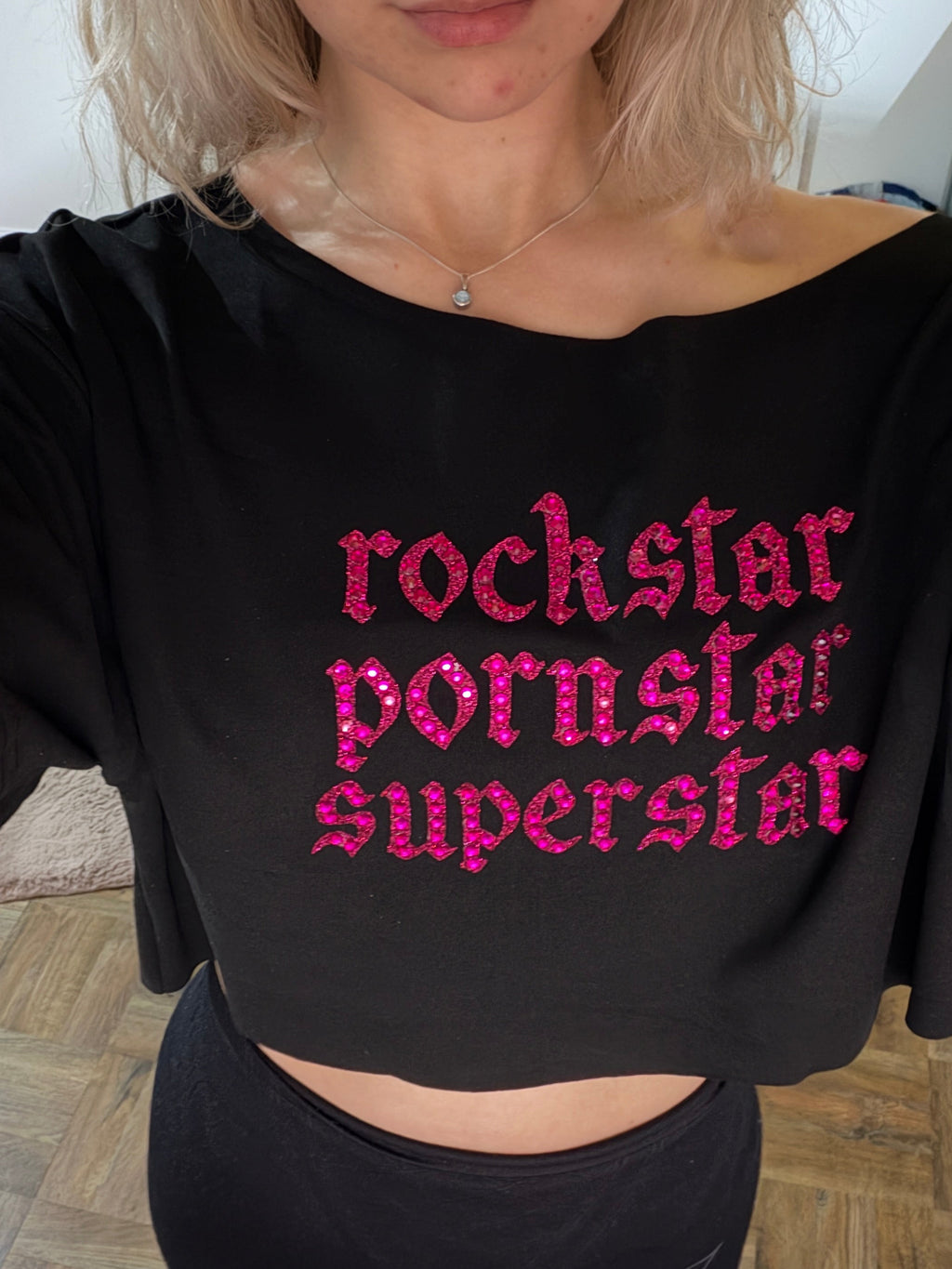 Fontaines DC rhinestone off-shoulder top