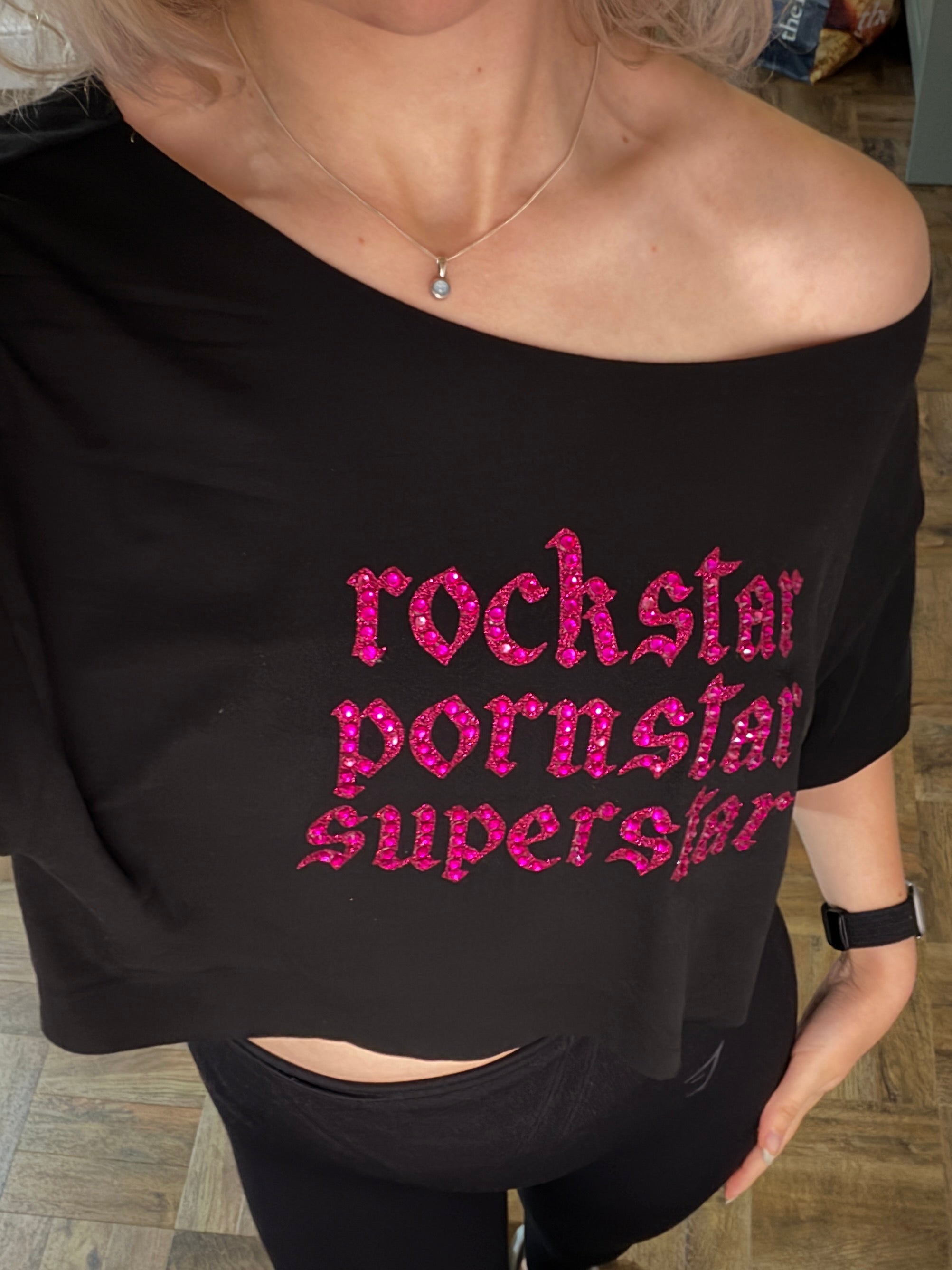 Fontaines DC rhinestone off-shoulder top
